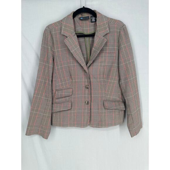 90s Vintage Blazer Jacket Womens Large Beige Plaid Stretch Fitted Heritage Y2K - Picture 5 of 7